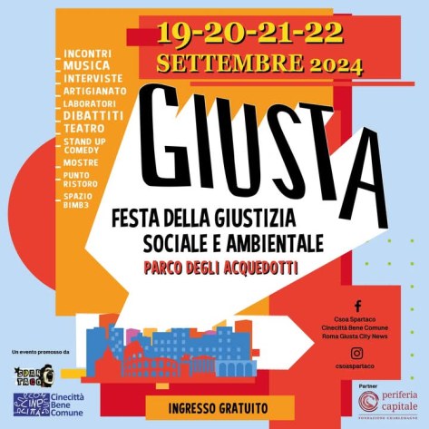 Poster for the 'Giusta' festival, highlighting dates September 19-22, 2024. Features event details including 'Festa della Giustizia Sociale e Ambientale' at Parco degli Acquedotti, and indicates free admission.